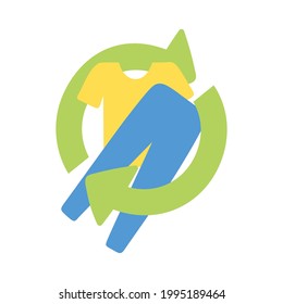 Flat design used cloth and textiles recycling symbol. Upcycle concept. Secondary use of clothes concept. Reuse and upcycling sign. Flat Vector illustration isolated on white background.