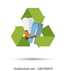 Flat design used clothing, shoes and textiles recycling vector icon