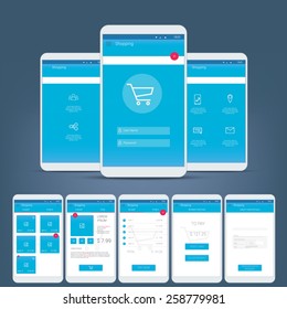 Flat Design User Interface For Smart Phone Or Mobile E-shop Apps. Navigation Menu With Line Icons And Buttons. Various Application Screens. Eps10 Vector Illustration