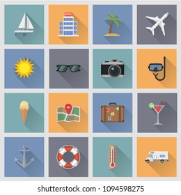 Flat design vacation icons with long shadow effect.