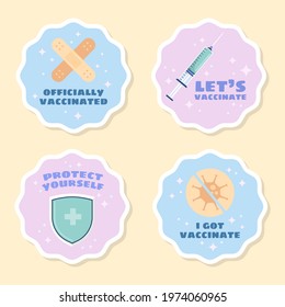 Flat design vaccinated theme sticker label set collection. Officially vaccinated, Let's vaccinate, Protect yourself, I got vaccinate