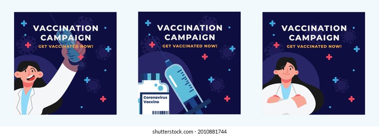 Flat design vaccination campaign concept design set of poster banner, stories post pack bundle with syringe doctor and vaccine