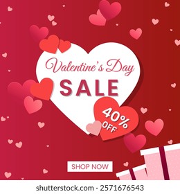 Flat design valentine day sale poster or banner, with romance red background, 40% off text, and heart.