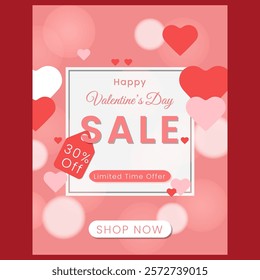 flat design valentine day sale paper style poster, banner, instagram sale, with limited offer and 30% off and shop now button, 