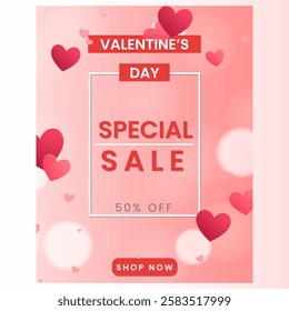 Flat design valentine day sale poster and banner, with pink background and bokeh with shop now button for post.