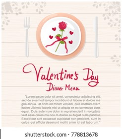 Flat design of Valentine's day dinner menu, beautiful rose on a white plate, wooden table with text Valentine's day. Vector illustration.