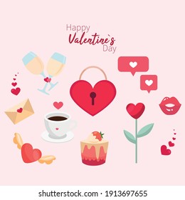 Flat design Valentine`s Day elements.  Love heart set vector illustrations.