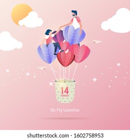 Flat design for Valentine's day postcard background, Couples meet in a flying love balloons