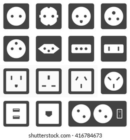Flat Design Various Black Grey Electrical Outlet Power Socket Types, Icon Set
