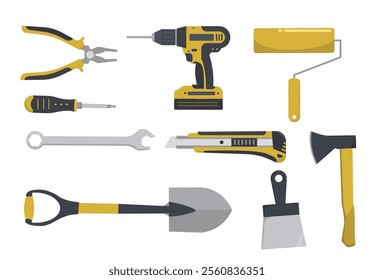 flat design of various construction tools: shovel, brush, axe, electric drill, pliers, wrench, screwdriver, and cutting knife