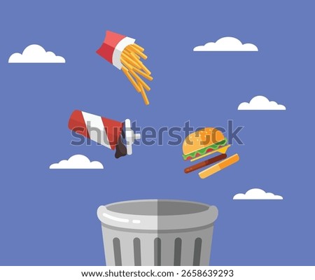 flat design of various fast food items, including french fries, a drink cup, and a hamburger, being discarded into a trash can. flat design throws away unhealthy food