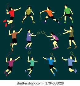 flat design various kinds of badminton movements, attacking, defending, service, jump smash etc.