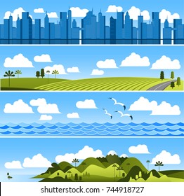 Flat design various landscape vector web banner backgrouns template set.  City,  plainlands and meadows, sea and oceans, hills and mountains cloudscapes.