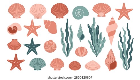 Flat design of various seashells starfish and seaweed elements