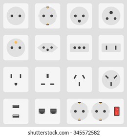 Flat design various white electrical outlet power socket types, icon set