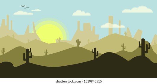 Flat design vecter and illustration of colorful morning hilly desert landscape with beautiful sunrise,birds and cactus.