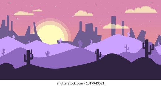 Flat design vecter and illustration of colorful midnight hilly desert landscape with beautiful moonrise,stars and cactus.