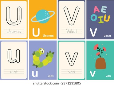 flat design vector abc alphabet cute flashcard english indonesian illustration collection set