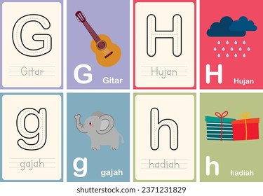flat design vector abc alphabet cute flashcard english indonesian illustration collection set