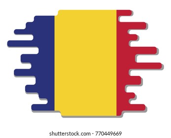 Flat design vector abstract dynamic rounded shape with flag of Romania on it with grey shadow,blot,smudge on white background