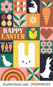 Flaches Design, Vektorgrafik-Hase, Happy Osterkartenlayout, Tapete-Hintergrund