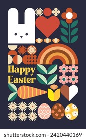 Flaches Design, Vektorgrafik-Hase, Happy Osterkartenlayout, Tapete-Hintergrund