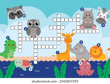 flat design vector animal Crossword puzzle worksheet printable for kids activity