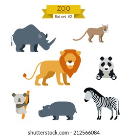 Flat design vector animals icon set. Lion, panda, zebra, koala, hippo, rhino, lynx. Flat zoo children cartoon collection.