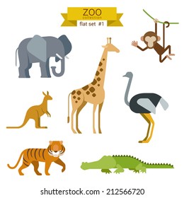 Flat Design Vector Animals Icon Set. Elephant, Giraffe, Monkey, Ostrich, Kangaroo, Tiger,  Crocodile. Flat Zoo Children Cartoon Collection.