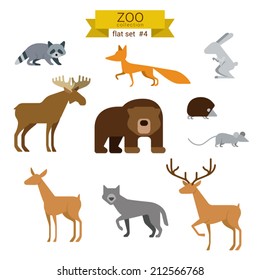 Flat Design Vector Animals Icon Set. Bear, Fox, Hare, Rabbit, Moose, Hedgehog, Mouse, Deer, Wolves. Flat Zoo Children Cartoon Collection.