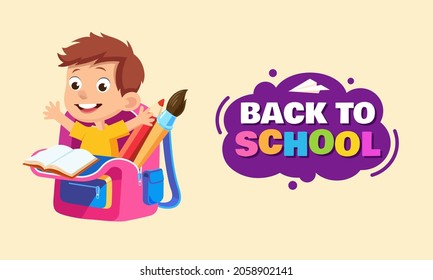 flat design vector back to school banner colorful school backpack illustration and children with school supplies space for text on the background