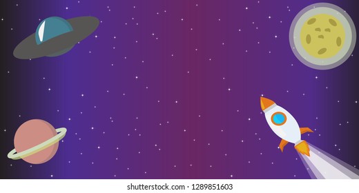 Flat design vector background. cool template with spaceship, rocket, Moon, Saturn and stars in outer space