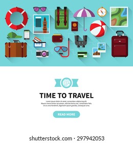 Flat design vector banner with icons of planning a summer vacation, traveling and tourism. Travel objects and accessories, passenger luggage and equipment. Space for text