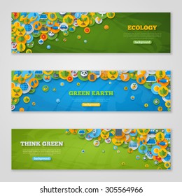 Flat Design Vector Banners with Icons of Ecology, Environment, Green Energy and Pollution. Creative Concept of Eco Technology.