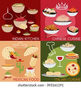 flat design vector banners with italian,mexican chinese and indian food