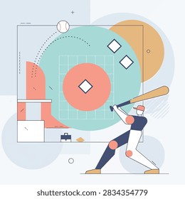Flat design vector of a baseball player hitting a ball on a field