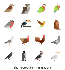Flat design vector birds icon set. Owl, eagle, hawk, griffin, crow. Flat zoo children cartoon collection.