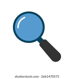 Flat design vector of a blue magnifying glass. Ideal for search, analysis, and discovery themes. Isolated on a white background.