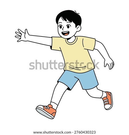 Flat design vector of a boy character running. Concept of chasing, active play, and childhood energy in pastel colors.