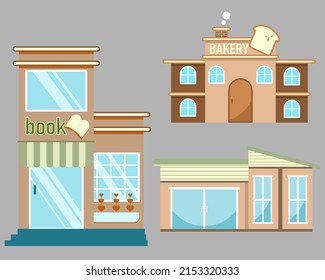 Flat design vector of building book, bakery and home on gray background