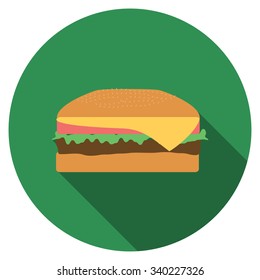 Flat design vector burger icon with long shadow, isolated.