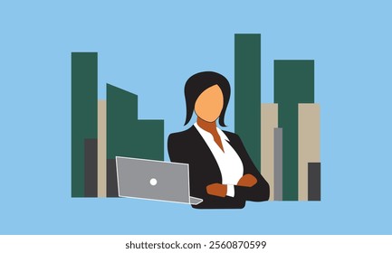 Flat design vector of a business character working in front of a computer. Ideal for illustrating business concepts, office work, or entrepreneurship. Clean and modern design