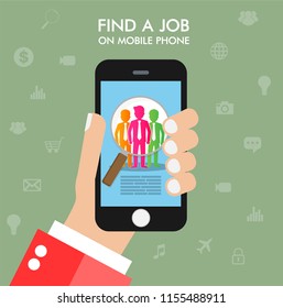 Flat design vector business concept, mobile gadgets helping to find people