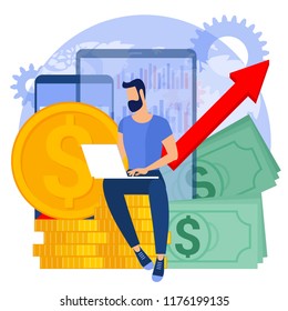 Flat design vector  business concept with globe, chart working gear, gadgets, gold coins and banknote stacks.   The investor growing  money abstract.