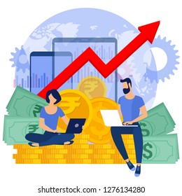 Diseño plano de concepto de negocio vectorial con globo, engranajes de trabajo, aparatos, monedas de oro y pilas de billetes.   El inversor que gana dinero abstracto.