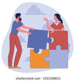 Flat Design Vector Business Concept. People Connecting Puzzle Elements. Symbol Of Teamwork, Cooperation, Partnership.