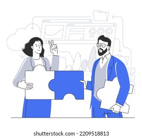 Flat design vector business concept. People connecting puzzle elements. Symbol of teamwork, cooperation, partnership.