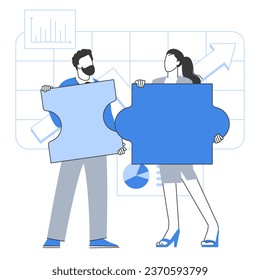 Flat design vector business concept. People connecting puzzle elements. Symbol of teamwork, cooperation, partnership.