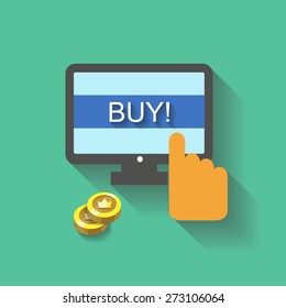 Flat design vector business concept Online shopping hand  buy button  on screen for website and promotion banners.