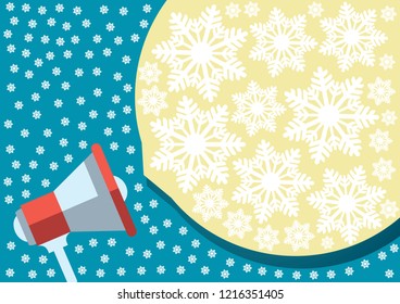 Flat design vector business illustration concept bubble speech. Digital marketing megaphone for website and promotion banners. White snowflakes. Blue background.